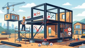 Иллюстрация процесса монтажа металлокаркаса модульного дома с акцентом на технические ошибки строительства